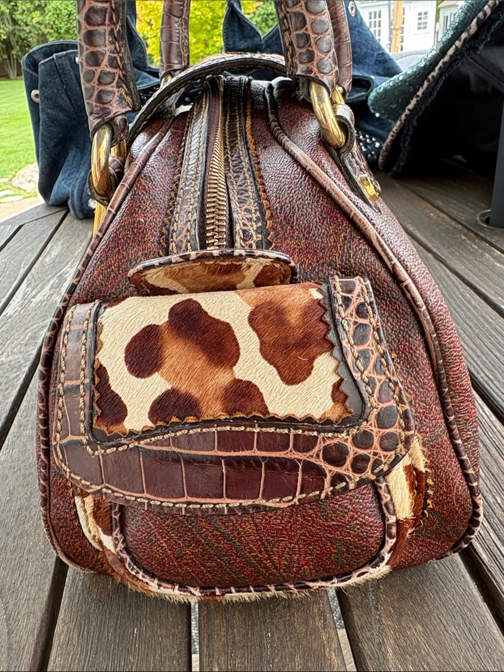 Etro Rare Brown and Cream Animal-Print Satchel with Gold Hardware - Picture 4 of 17